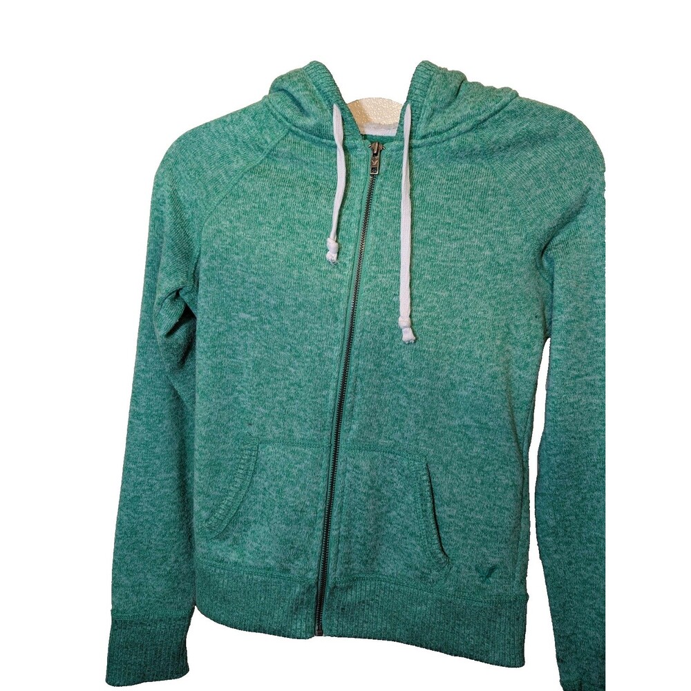 American Eagle Women's Full Zip Hoodie Sweater Green Logo Y2K Small
